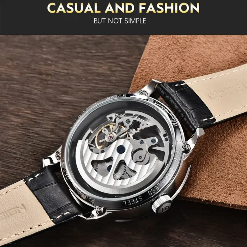 Marca PAGANI DESIGN, reloj dorado de cuero de moda para hombre, relojes mecánicos automáticos con esqueleto resistente al agua, caja Masculino 5