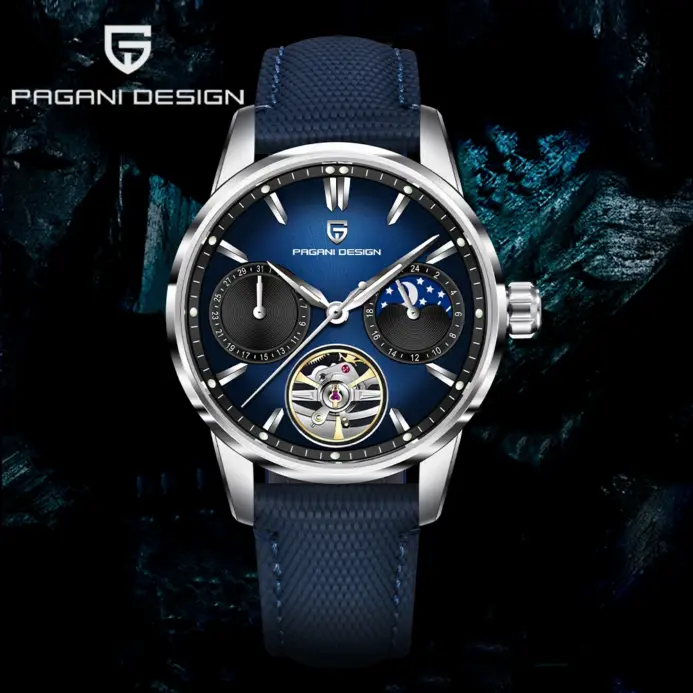 Relojes Mecánicos Pagani Design Tourbillon 2026 para Hombre, Fase Lunar, Cristal de Zafiro, Calendario, Resistentes al Agua, Automáticos 1