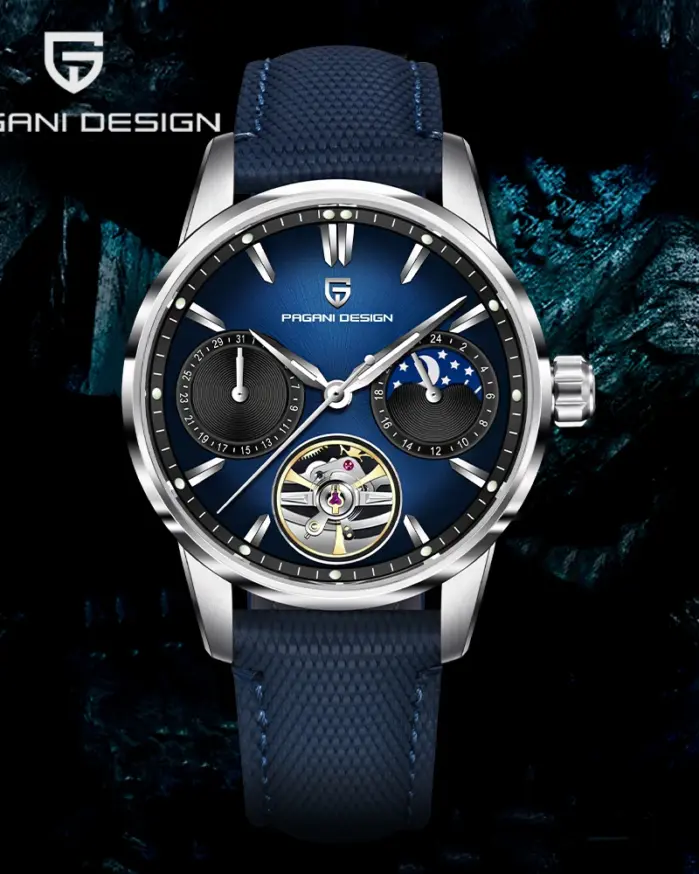 Relojes Mecánicos Pagani Design Tourbillon 2026 para Hombre, Fase Lunar, Cristal de Zafiro, Calendario, Resistentes al Agua, Automáticos 1