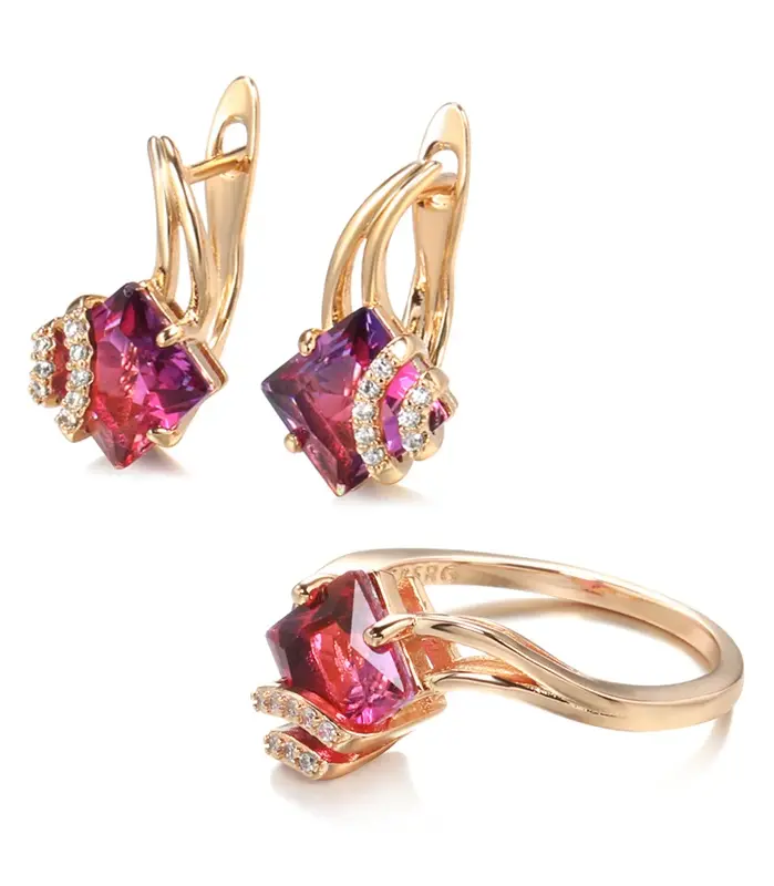 Kinel-Conjunto de pendientes y anillo de circón Natural rojo cuadrado para mujer, aretes colgantes de oro rosa 585, conjuntos de joyería de boda a la moda 1