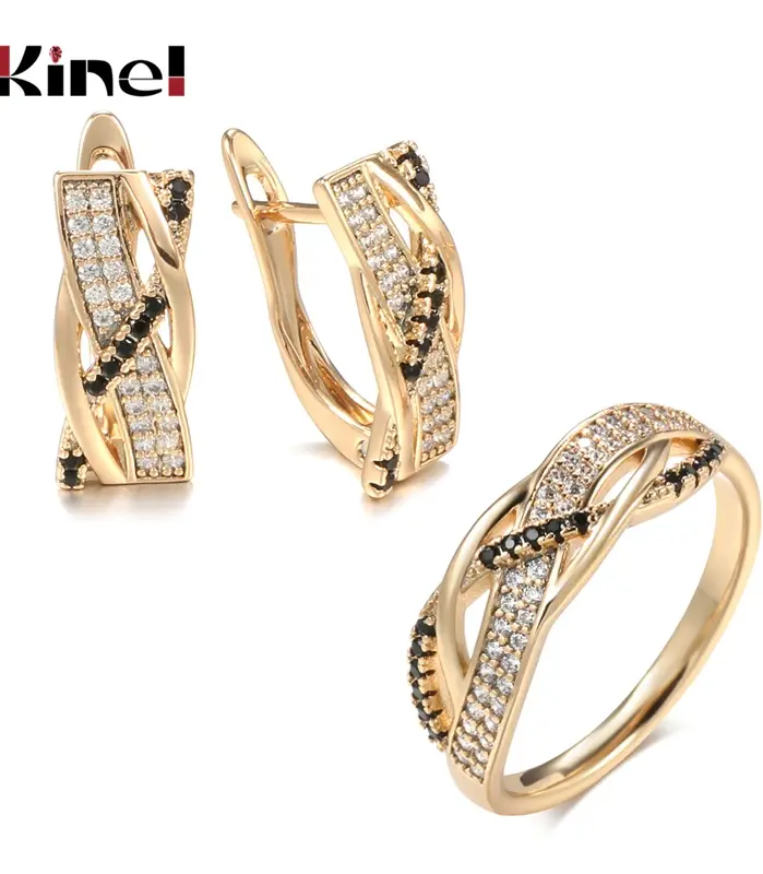 Kinel-Conjunto de anillos y pendientes de circonita Natural para mujer, aretes de oro rosa 585 con Cruz geométrica, conjuntos de joyería Vintage 1