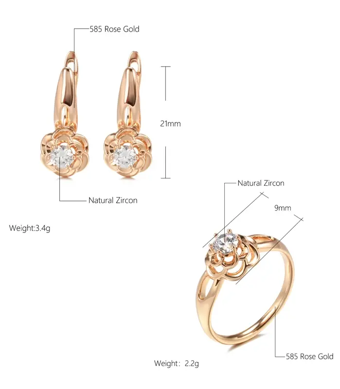 pendientes de cristal con forma de flor para mujer, conjunto de anillos de circonita Natural de oro rosa 585, joyería creativa para boda, tendencia inusual 2