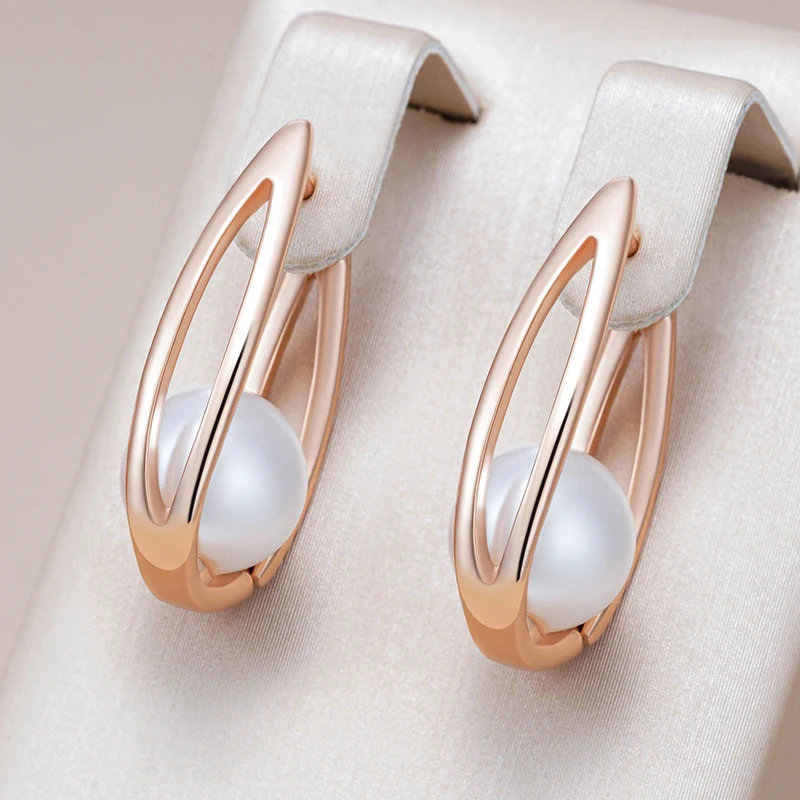 Kinel-pendientes colgantes de perlas brillantes para mujer, moda novedosa, lujo, Color oro rosa 585, joyería fina geométrica de alta calidad para uso diario 1 Kinel-pendientes colgantes de perlas brillantes para mujer, moda novedosa, lujo, Color oro rosa 585, joyería fina geométrica de alta calidad para uso diario 1