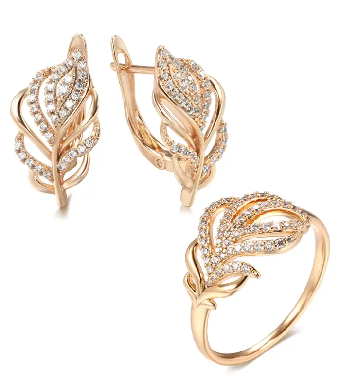Kinel-Conjunto de pendientes y anillos de oro rosa 585, flor de circón Natural a la moda, pendiente Vintage, anillo, regalo, conjunto de joyería fina diaria 1