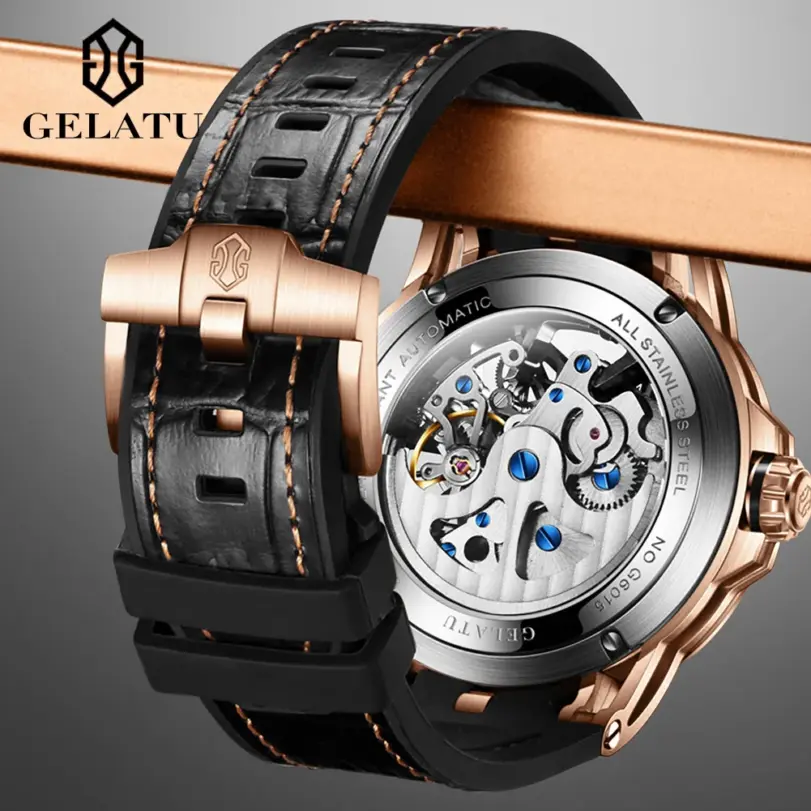 Relojes mecánicos para hombre, correa de silicona de cuero, reloj de pulsera de zafiro ahuecado 3D luminoso automático de marca de lujo a la moda 5