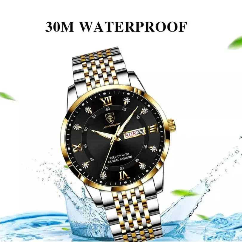 Reloj para hombre, de acero inoxidable, de lujo, con botón pulsador, cierre oculto, resistente al agua, luminoso, con fecha, semana, relojes de pulsera deportivos 4