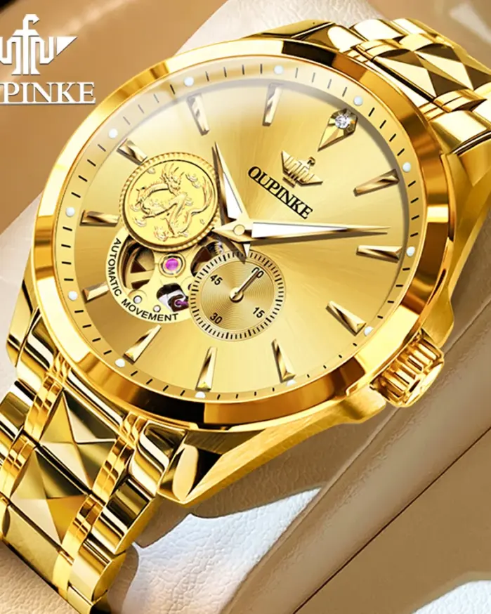 Reloj de pulsera de dragón dorado para hombre, cronógrafo de lujo, mecánico, luminoso 1