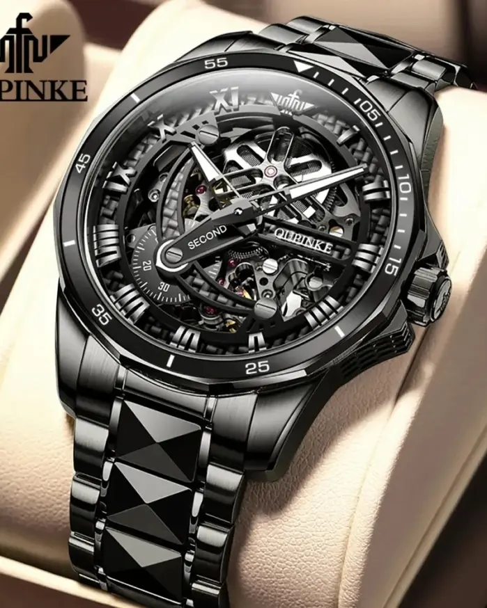 Reloj de pulsera de acero de tungsteno para hombre, cronógrafo de marca de lujo, resistente al agua, automático, mecánico, luminoso, hueco, negro 1