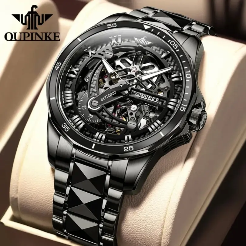 Reloj de pulsera de acero de tungsteno para hombre, cronógrafo de marca de lujo, resistente al agua, automático, mecánico, luminoso, hueco, negro 1 Reloj de pulsera de acero de tungsteno para hombre, cronógrafo de marca de lujo, resistente al agua, automático, mecánico, luminoso, hueco, negro 1