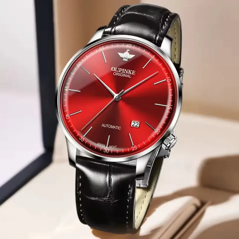 reloj con correa de cuero genuino para hombre, reloj de pulsera mecánico automático con movimiento suizo importado Original, ultrafino y luminoso 4