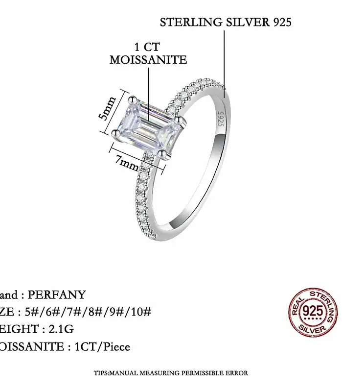 Anillo de moissanita de corte radiante/esmeralda de 1/2CT para mujer, plata pura S925, diamante de laboratorio GRA, joyería de boda nupcial 2