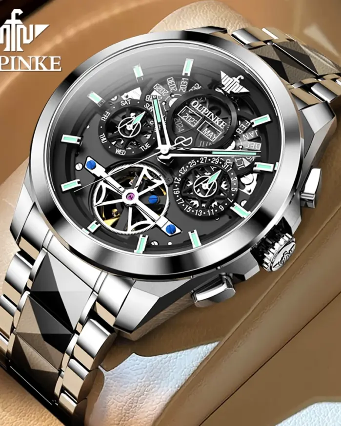 Marca reloj mecánico automático para hombre, reloj calendario con esfera grande hueca de 42mm, correa de acero de tungsteno, relojes originales para hombre 3233 1