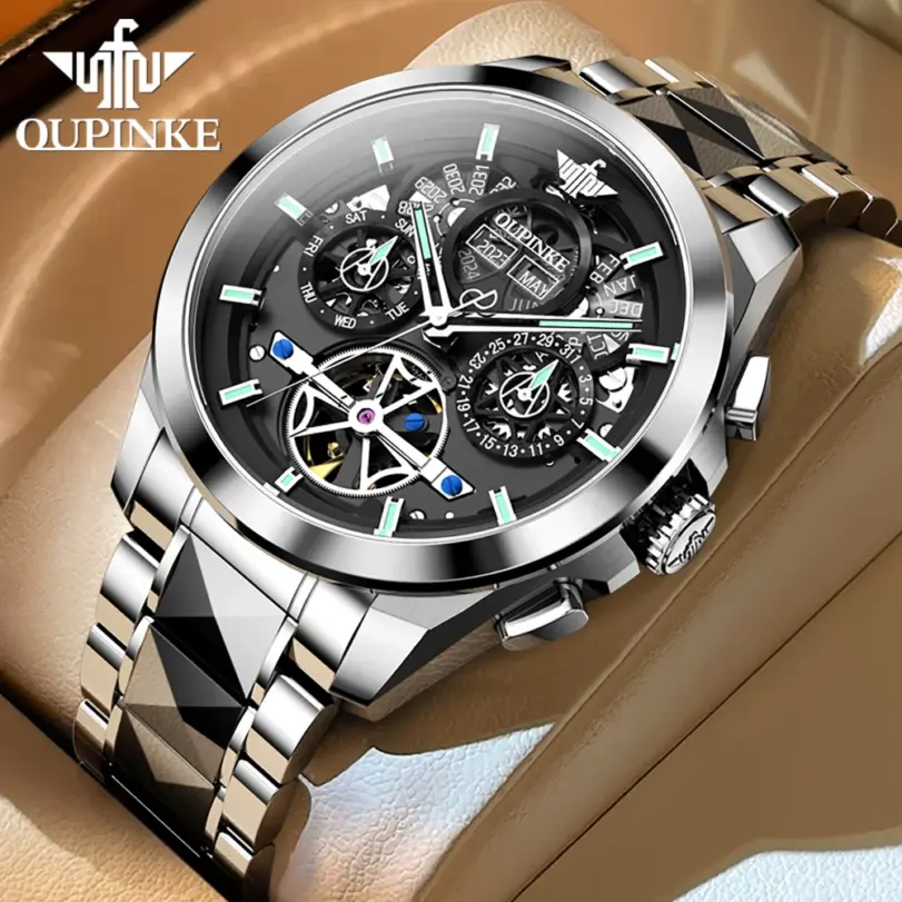 Marca reloj mecánico automático para hombre, reloj calendario con esfera grande hueca de 42mm, correa de acero de tungsteno, relojes originales para hombre 3233 1