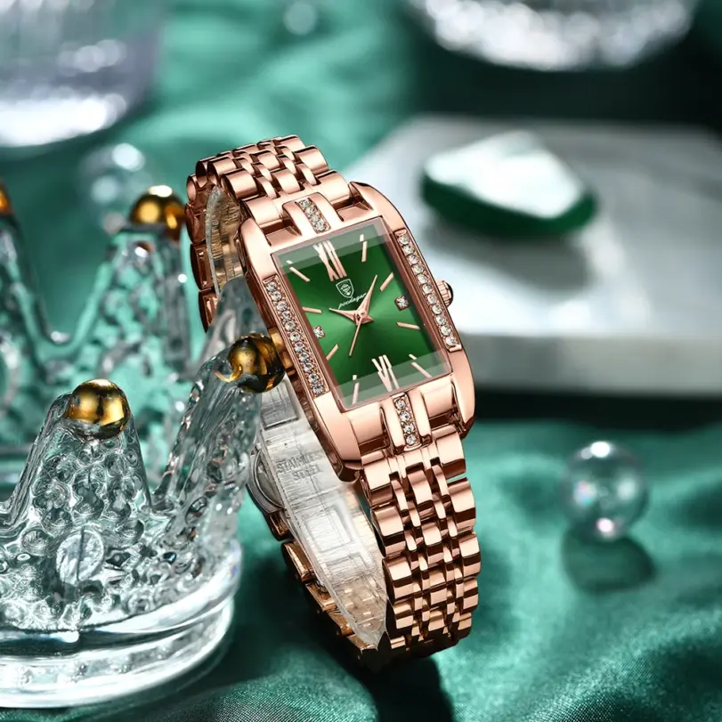 Reloj para mujer, relojes de cuarzo cuadrados con esfera verde de diamante de lujo a la moda, reloj de pulsera resistente al agua de acero inoxidable para mujer, regalo 5