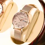 Reloj de pulsera de malla de oro rosa para mujer, cronógrafo de lujo, sencillo, resistente al agua, con fecha 2