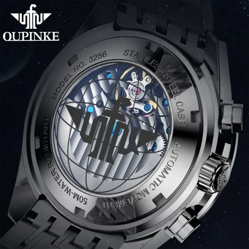 Reloj de pulsera mecánico automático para hombre, cronógrafo con esfera de cielo estrellado, resistente al agua, fase lunar, calendario, semana, lujo, clásico, luminoso 4
