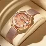Reloj de pulsera de malla de oro rosa para mujer, cronógrafo de lujo, sencillo, resistente al agua, con fecha 1