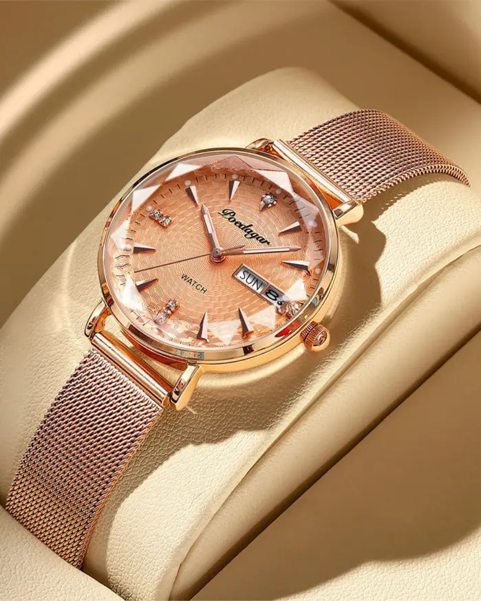 Reloj de pulsera de malla de oro rosa para mujer, cronógrafo de lujo, sencillo, resistente al agua, con fecha 1