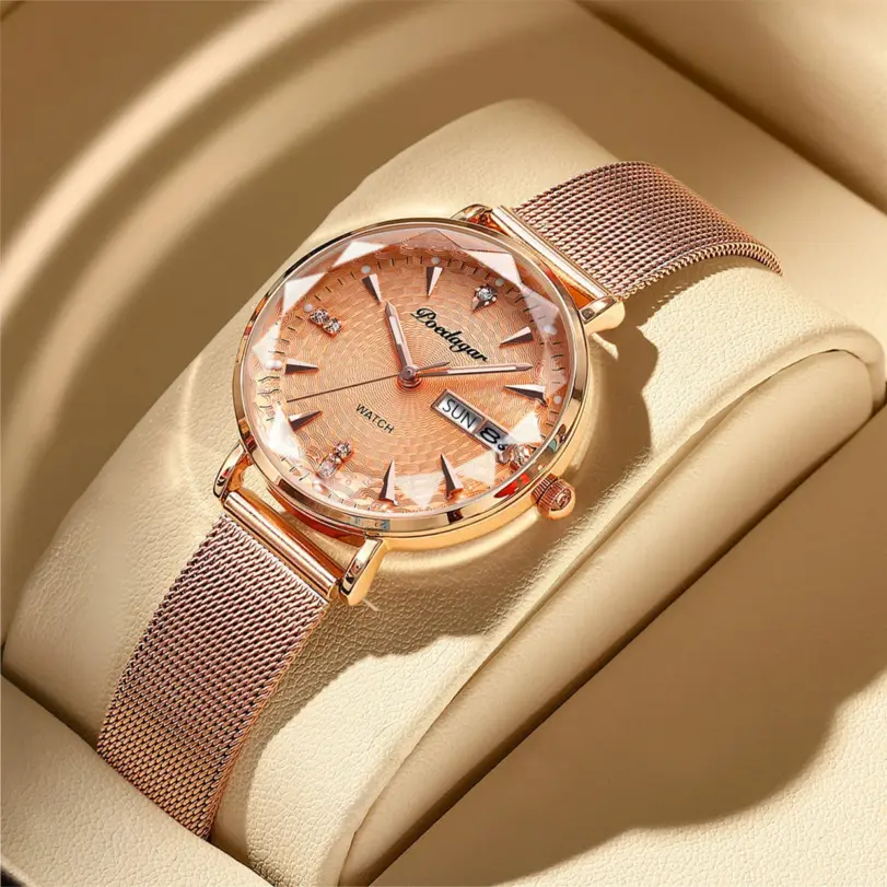 Reloj de pulsera de malla de oro rosa para mujer, cronógrafo de lujo, sencillo, resistente al agua, con fecha 1 Reloj de pulsera de malla de oro rosa para mujer, cronógrafo de lujo, sencillo, resistente al agua, con fecha 1