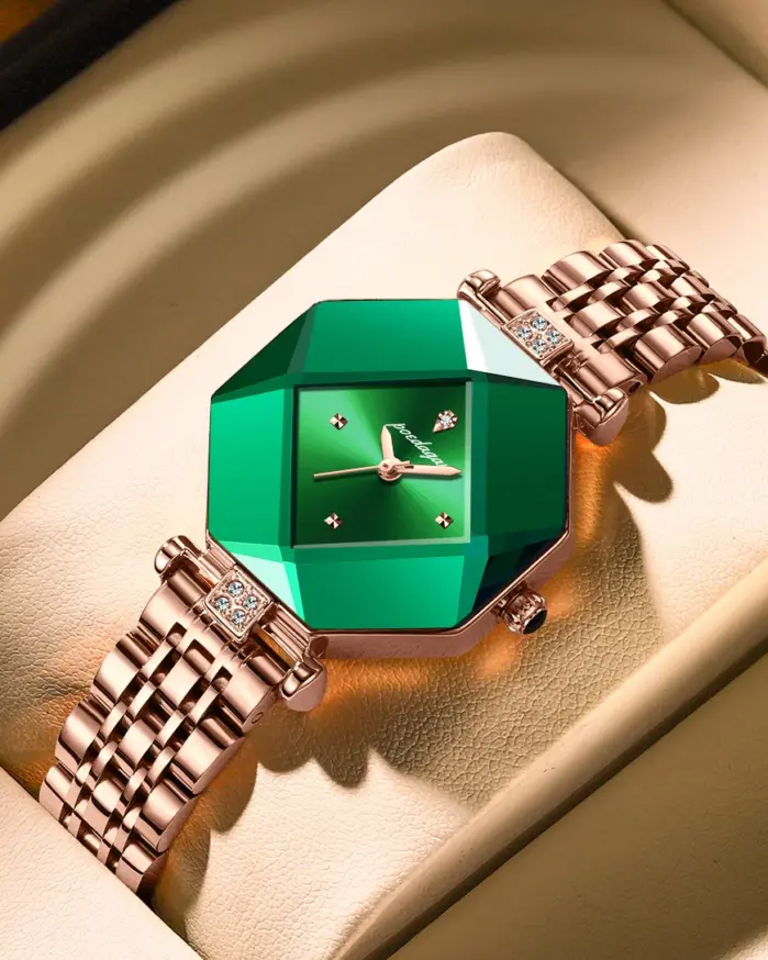 Reloj para mujer, relojes de cuarzo con diamantes verdes de lujo para mujer, relojes de moda resistentes al agua con manchas de acero inoxidable, Gif para novia 1