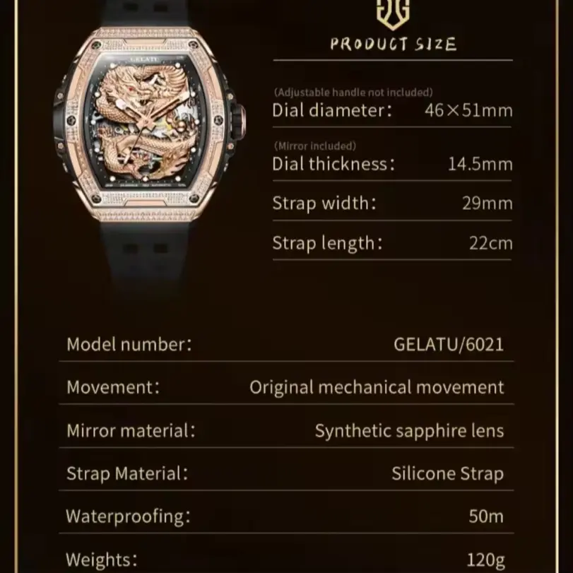 Marca reloj hueco para hombre, correa de silicona, resistente al agua, de gama alta, esfera de dragón con diamantes, reloj mecánico automático de marca 6021 5