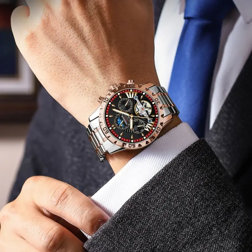 reloj mecánico automático de lujo para hombre, Tourbillon hueco, resistente al agua, luminoso, fecha, semana, relojes de acero inoxidable para hombre 5