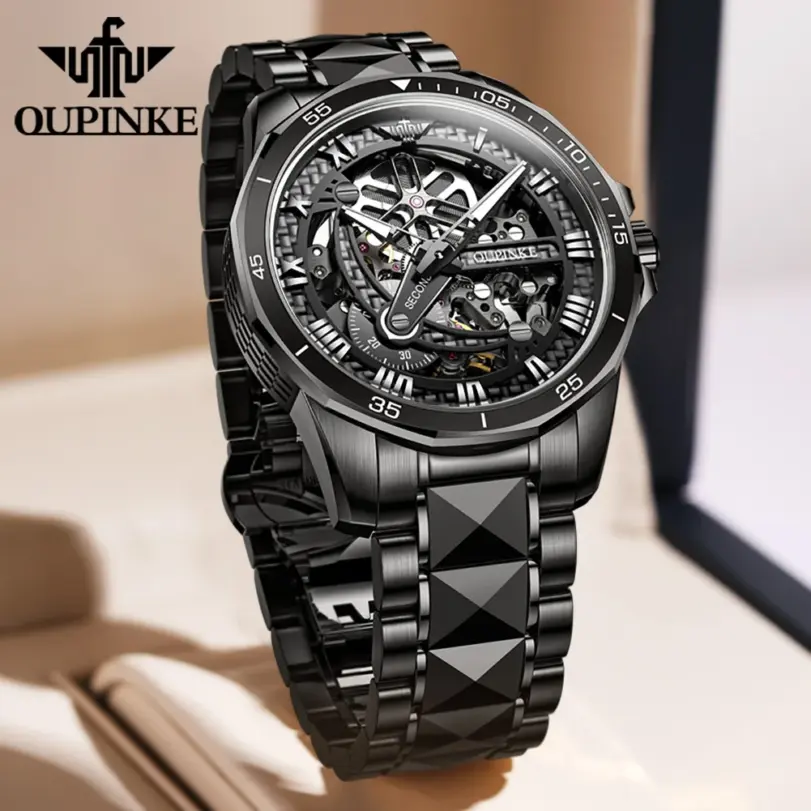 Reloj de pulsera de acero de tungsteno para hombre, cronógrafo de marca de lujo, resistente al agua, automático, mecánico, luminoso, hueco, negro 2