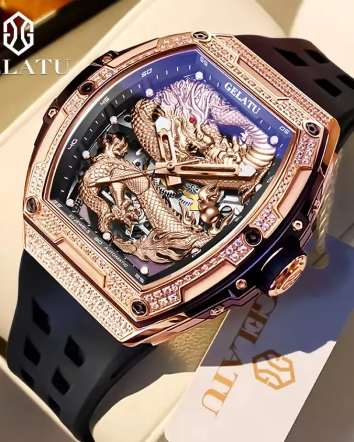 Marca reloj hueco para hombre, correa de silicona, resistente al agua, de gama alta, esfera de dragón con diamantes, reloj mecánico automático de marca 6021 1