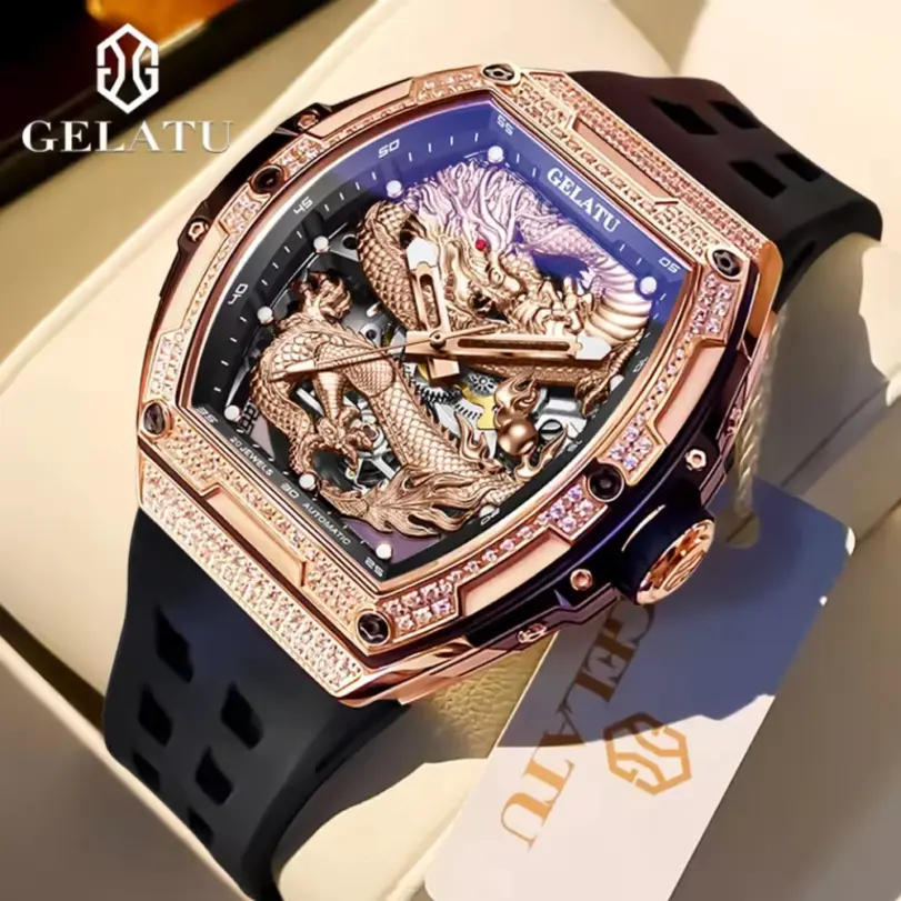 Marca reloj hueco para hombre, correa de silicona, resistente al agua, de gama alta, esfera de dragón con diamantes, reloj mecánico automático de marca 6021 1 Marca reloj hueco para hombre, correa de silicona, resistente al agua, de gama alta, esfera de dragón con diamantes, reloj mecánico automático de marca 6021 1