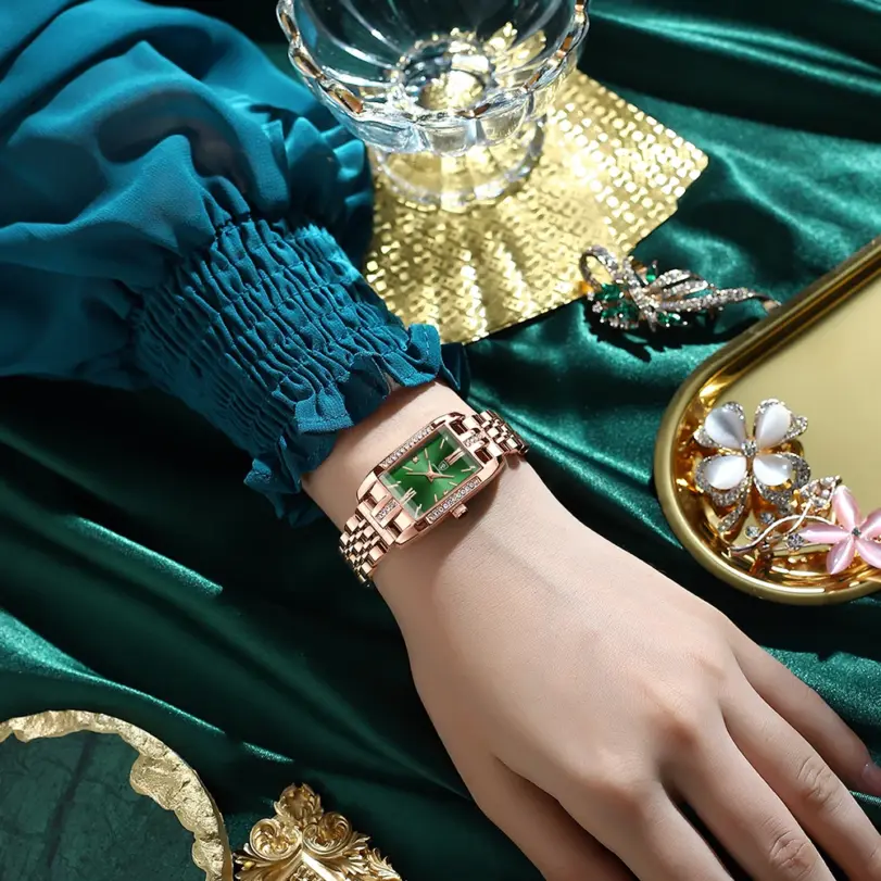 Reloj para mujer, relojes de cuarzo cuadrados con esfera verde de diamante de lujo a la moda, reloj de pulsera resistente al agua de acero inoxidable para mujer, regalo 6