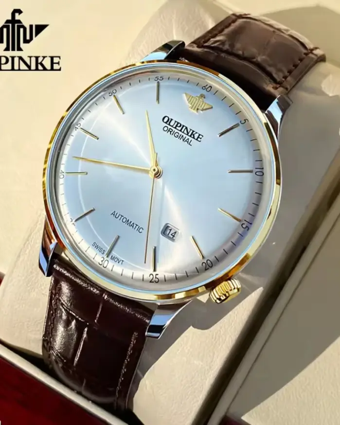 reloj con correa de cuero genuino para hombre, reloj de pulsera mecánico automático con movimiento suizo importado Original, ultrafino y luminoso 1