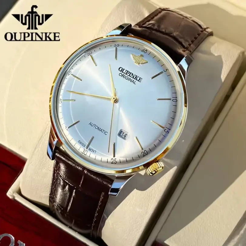 reloj con correa de cuero genuino para hombre, reloj de pulsera mecánico automático con movimiento suizo importado Original, ultrafino y luminoso 1