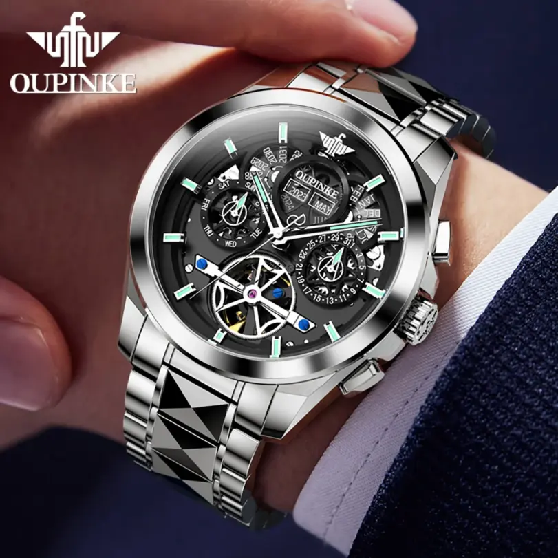 Marca reloj mecánico automático para hombre, reloj calendario con esfera grande hueca de 42mm, correa de acero de tungsteno, relojes originales para hombre 3233 3