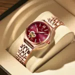 relojes para mujer, moda de oro rosa, acero inoxidable, reloj de pulsera de cuarzo resistente al agua, regalo romántico para novia 1