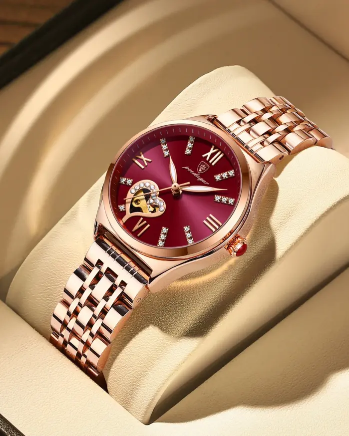 relojes para mujer, moda de oro rosa, acero inoxidable, reloj de pulsera de cuarzo resistente al agua, regalo romántico para novia 1