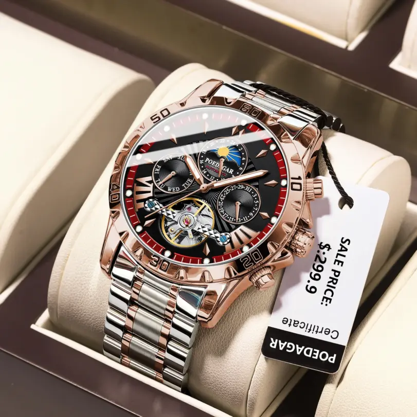 reloj mecánico automático de lujo para hombre, Tourbillon hueco, resistente al agua, luminoso, fecha, semana, relojes de acero inoxidable para hombre 6