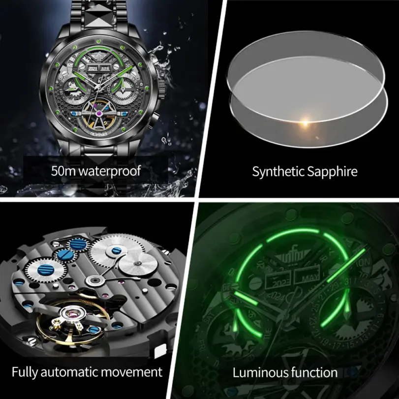 reloj automático para hombre, movimiento mecánico, relojes de pulsera de marca de lujo, esqueleto, calendario de cuerda automática, semana luminosa 3249 6