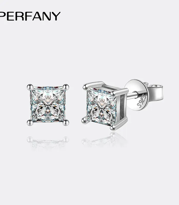 Pendientes de moissanita de 0,6-2 quilates para mujer, pendientes de plata pura S925 de corte cuadrado con diamantes de imitación, joyería de boda 1