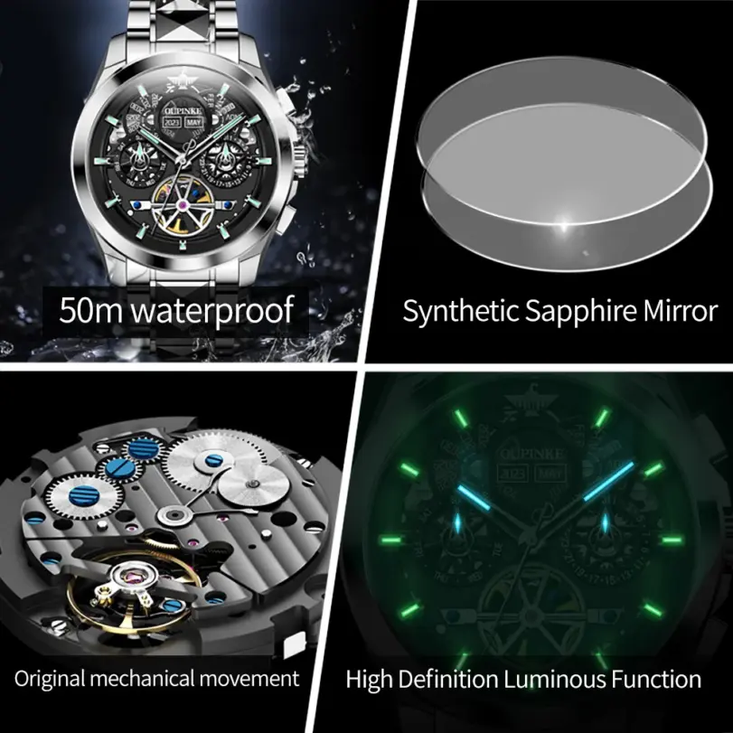 Marca reloj mecánico automático para hombre, reloj calendario con esfera grande hueca de 42mm, correa de acero de tungsteno, relojes originales para hombre 3233 6