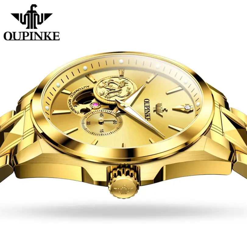 Reloj de pulsera de dragón dorado para hombre, cronógrafo de lujo, mecánico, luminoso 3