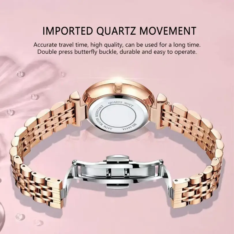 Reloj para mujer, diseño de joyería de lujo, relojes de pulsera de cuarzo de acero y oro rosa, relojes de moda impermeables para mujer 2