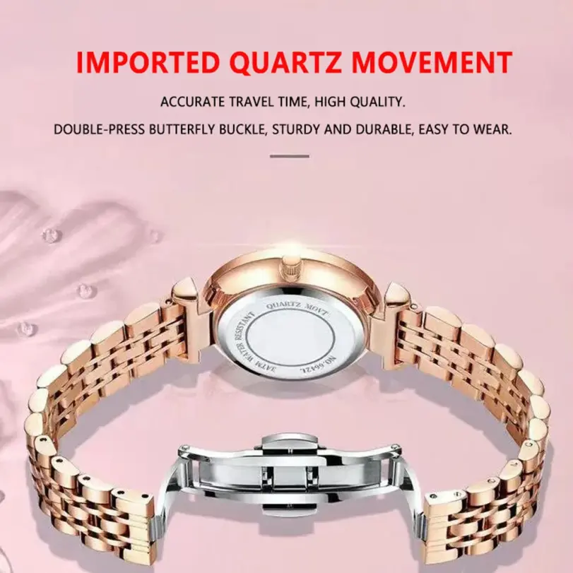 Reloj para mujer, malla de acero inoxidable, oro rosa, Simple, resistente al agua, relojes luminosos para mujer, relojes de cuarzo de lujo elegantes 2