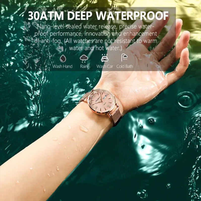 Reloj de pulsera de malla de oro rosa para mujer, cronógrafo de lujo, sencillo, resistente al agua, con fecha 3