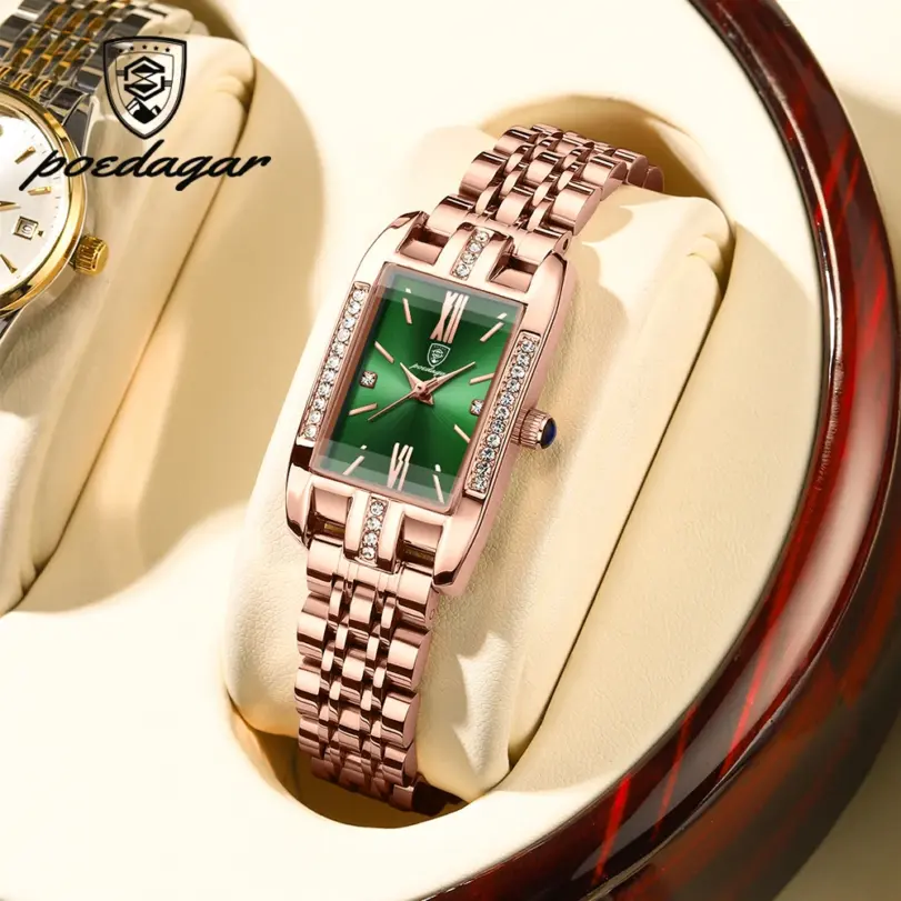 Reloj para mujer, relojes de cuarzo cuadrados con esfera verde de diamante de lujo a la moda, reloj de pulsera resistente al agua de acero inoxidable para mujer, regalo 2