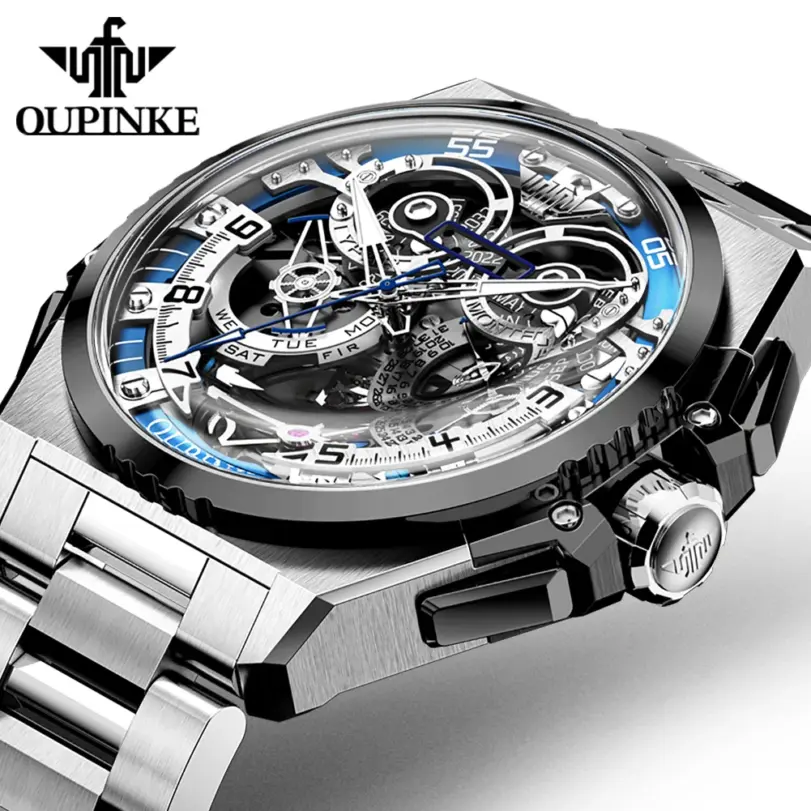 elojes mecánicos multifunción para hombre, diseño de Tourbillon, esqueleto impermeable, zafiro, esfera grande, acero, zafiro luminoso 1