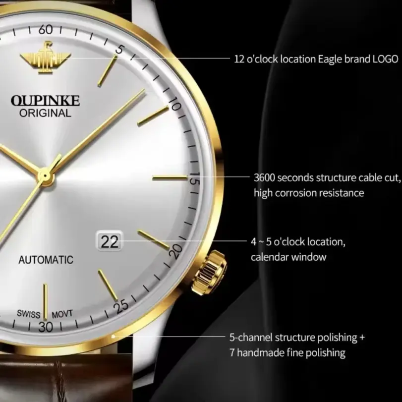reloj con correa de cuero genuino para hombre, reloj de pulsera mecánico automático con movimiento suizo importado Original, ultrafino y luminoso 2
