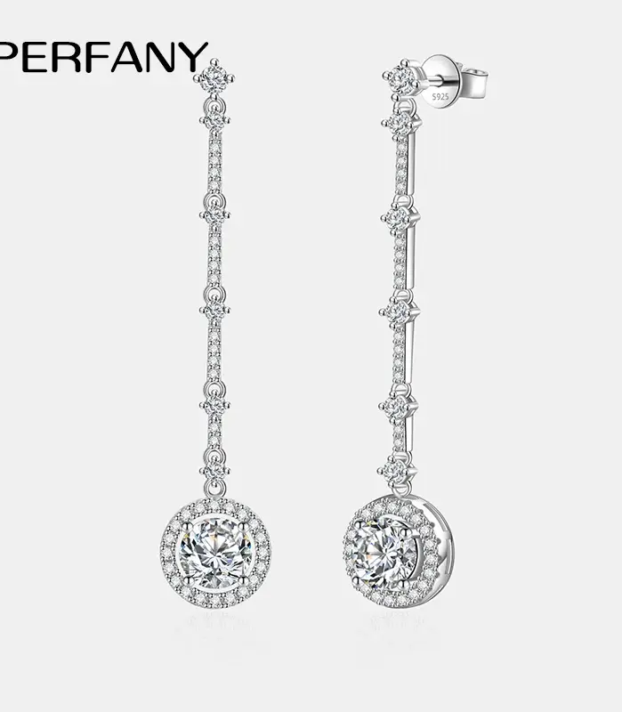 pendientes de gota de moissanita de 1CT para mujer, aretes largos redondos de plata pura S925 con diamantes de laboratorio, joyería de fiesta de alta gama 1