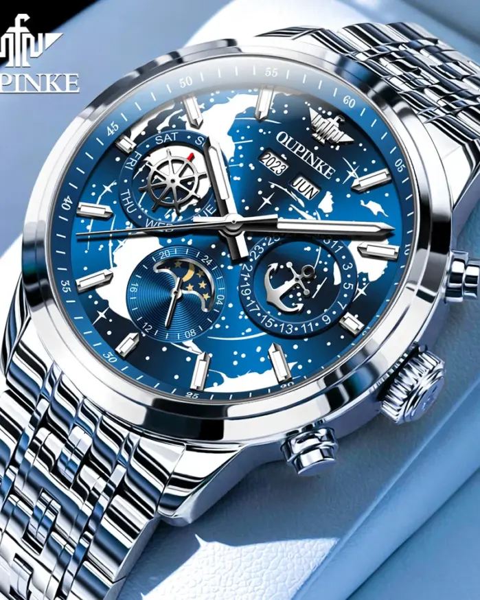 Reloj de pulsera mecánico automático para hombre, cronógrafo con esfera de cielo estrellado, resistente al agua, fase lunar, calendario, semana, lujo, clásico, luminoso 1