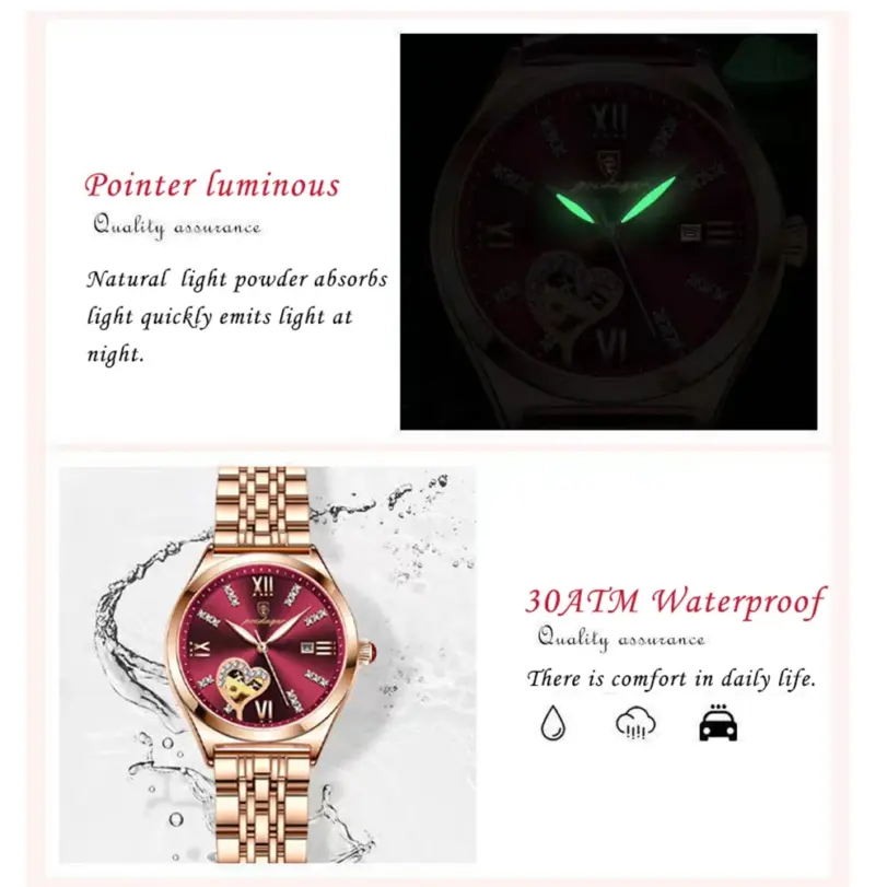 relojes para mujer, moda de oro rosa, acero inoxidable, reloj de pulsera de cuarzo resistente al agua, regalo romántico para novia 3