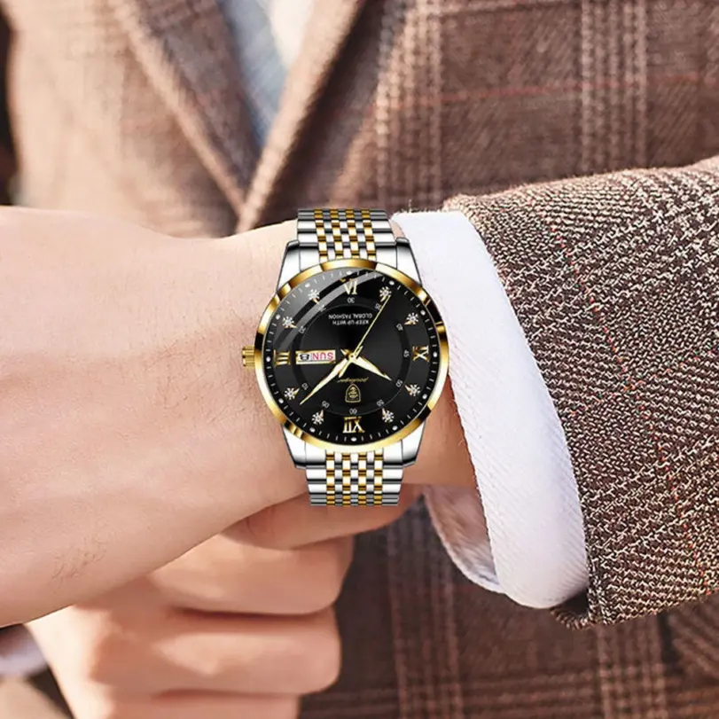 Reloj para hombre, de acero inoxidable, de lujo, con botón pulsador, cierre oculto, resistente al agua, luminoso, con fecha, semana, relojes de pulsera deportivos 6